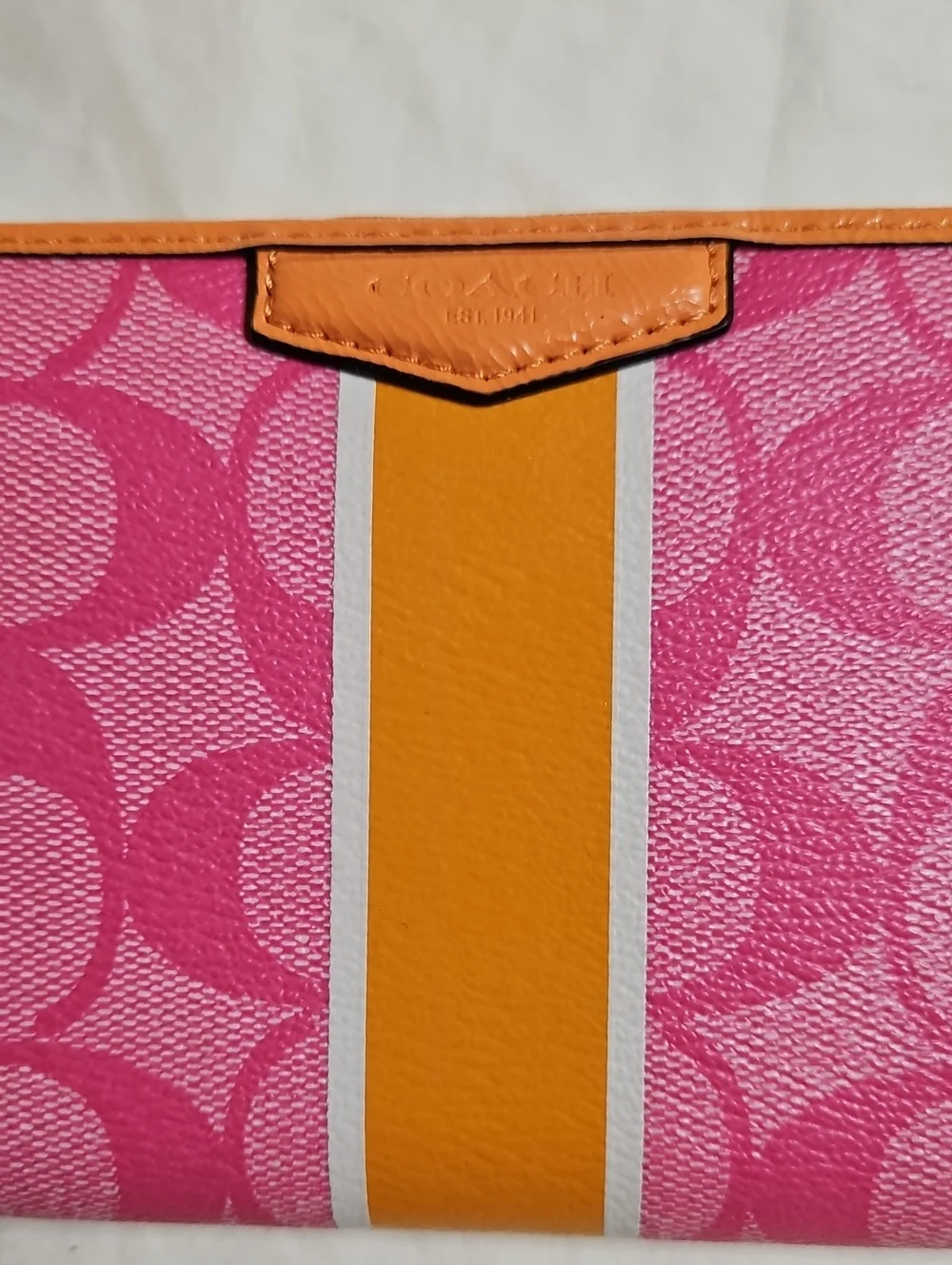 Coach Pink Signature Zip Wallet with Orange Trim